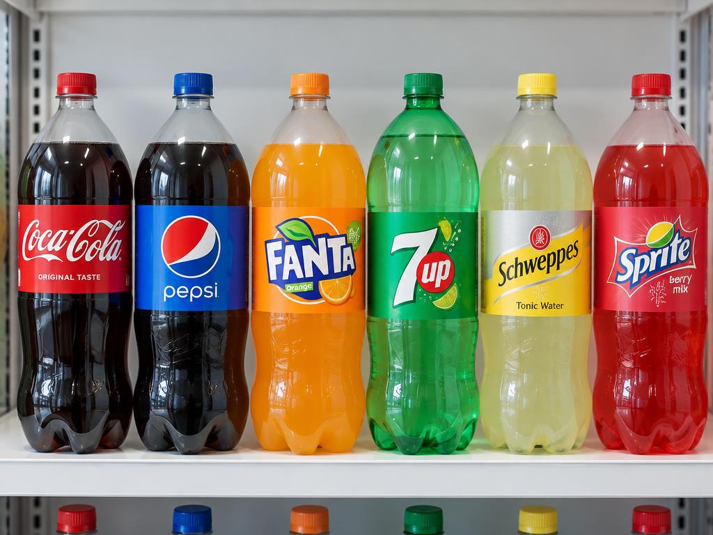Plastic soft drink bottles of cola and fruity flavours