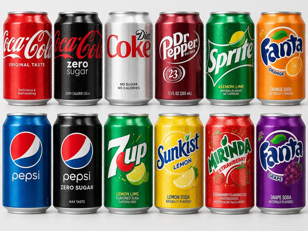 Rows of branded cola and citrus soft drink cans in mixed flavours
