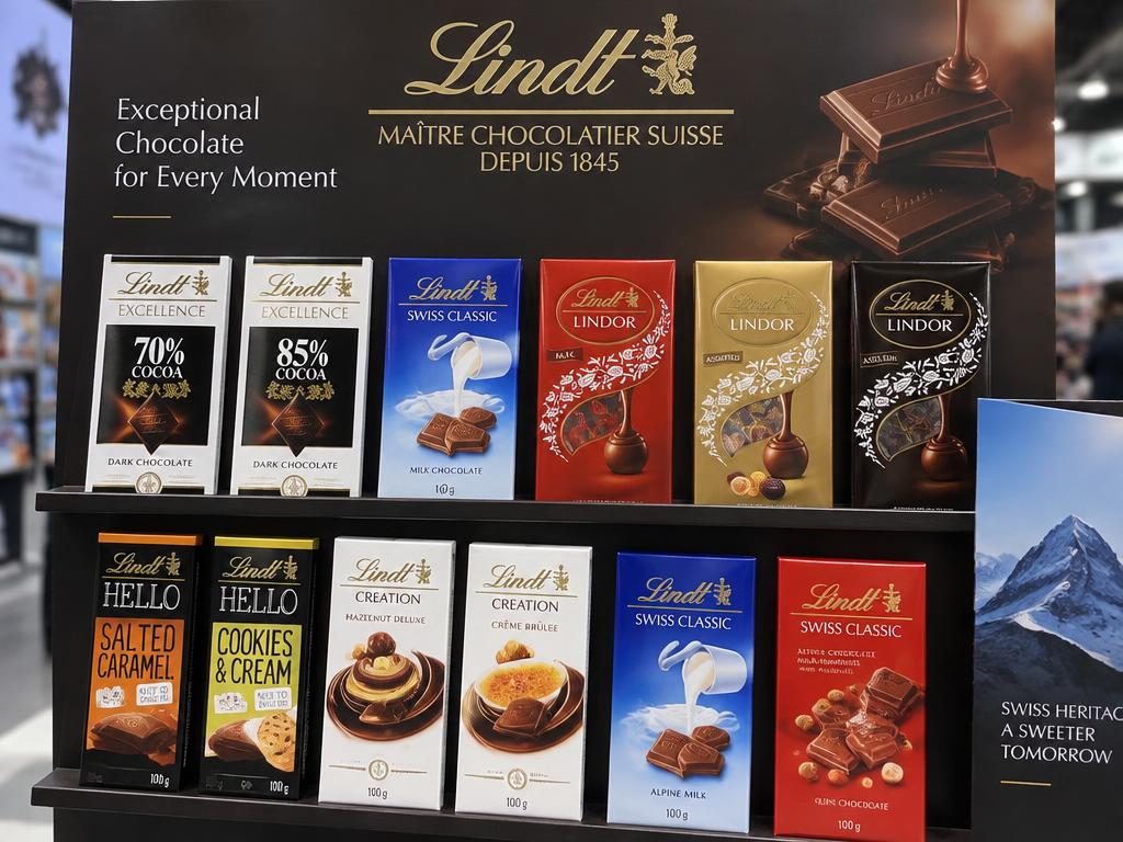 Branded confectionery bars and chocolate packs neatly arranged