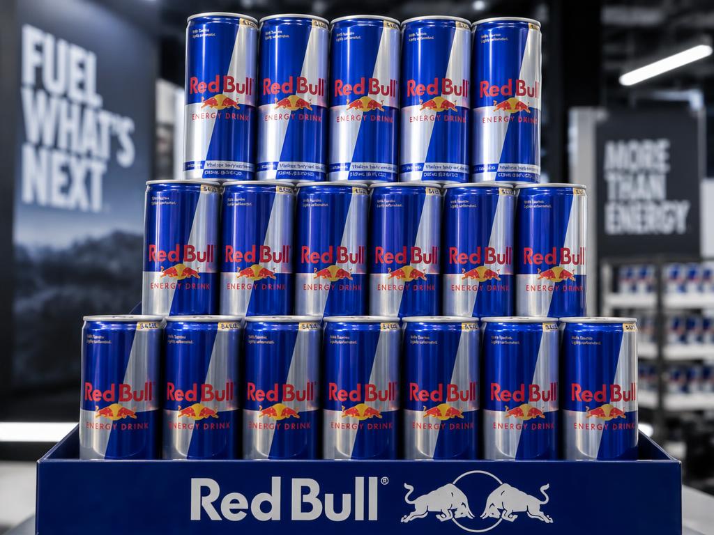 Tall branded energy drink cans stacked in an organised display